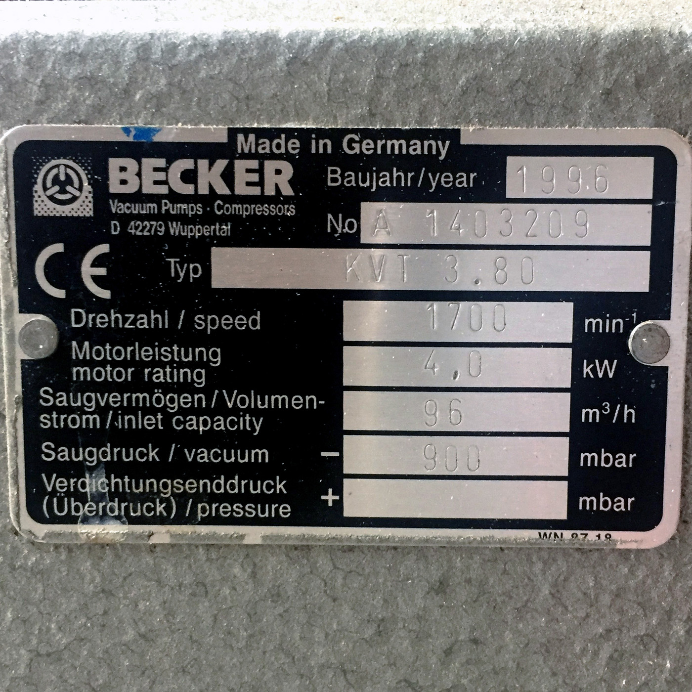 Becker KVT 3.80 Vacuum Pump, Used