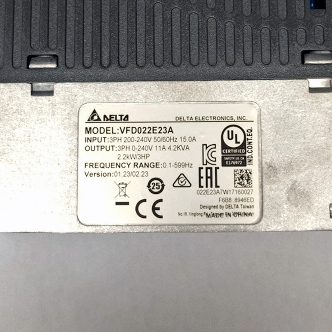 Delta VFD022E23A AC Drive - Plate