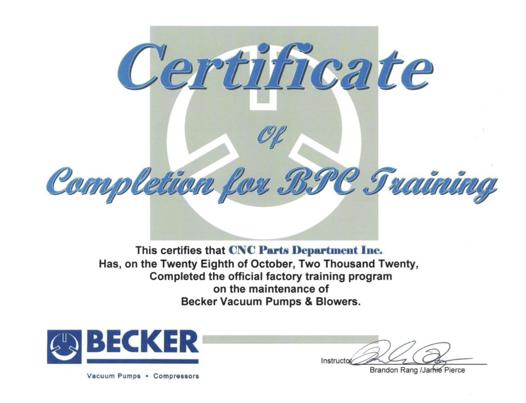 Becker Pumps Certificate of Maintenance Training