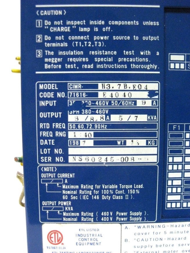 Yaskawa CIMR-H37BE04 Transister Inverter w/ Memory Module J0HB-C03-221849632876